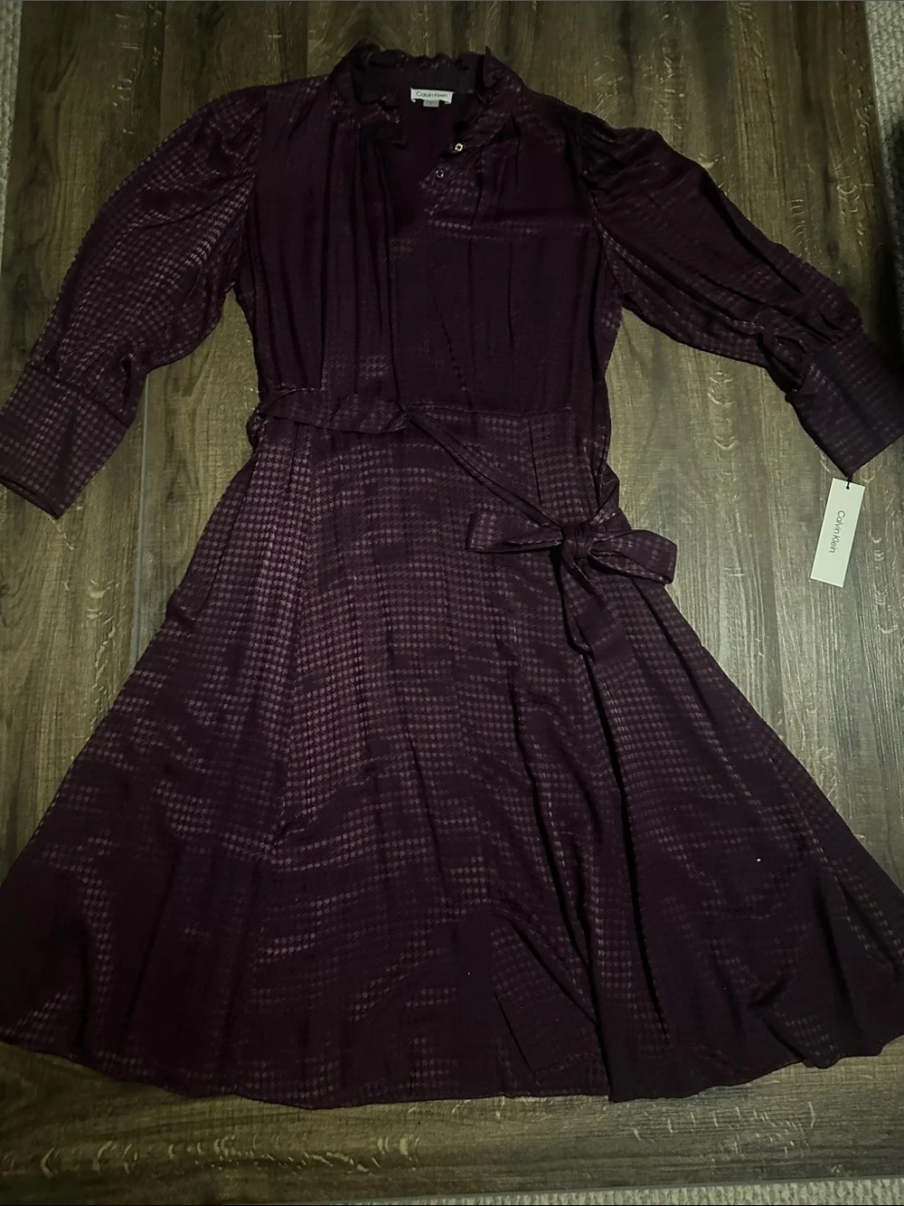 Calvin Klein Plum Long-Sleeve Midi Dress with Waist Tie - Picture 1 of 4